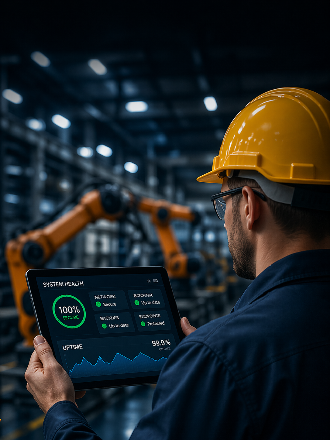Manufacturing worker using a tablet in a factory